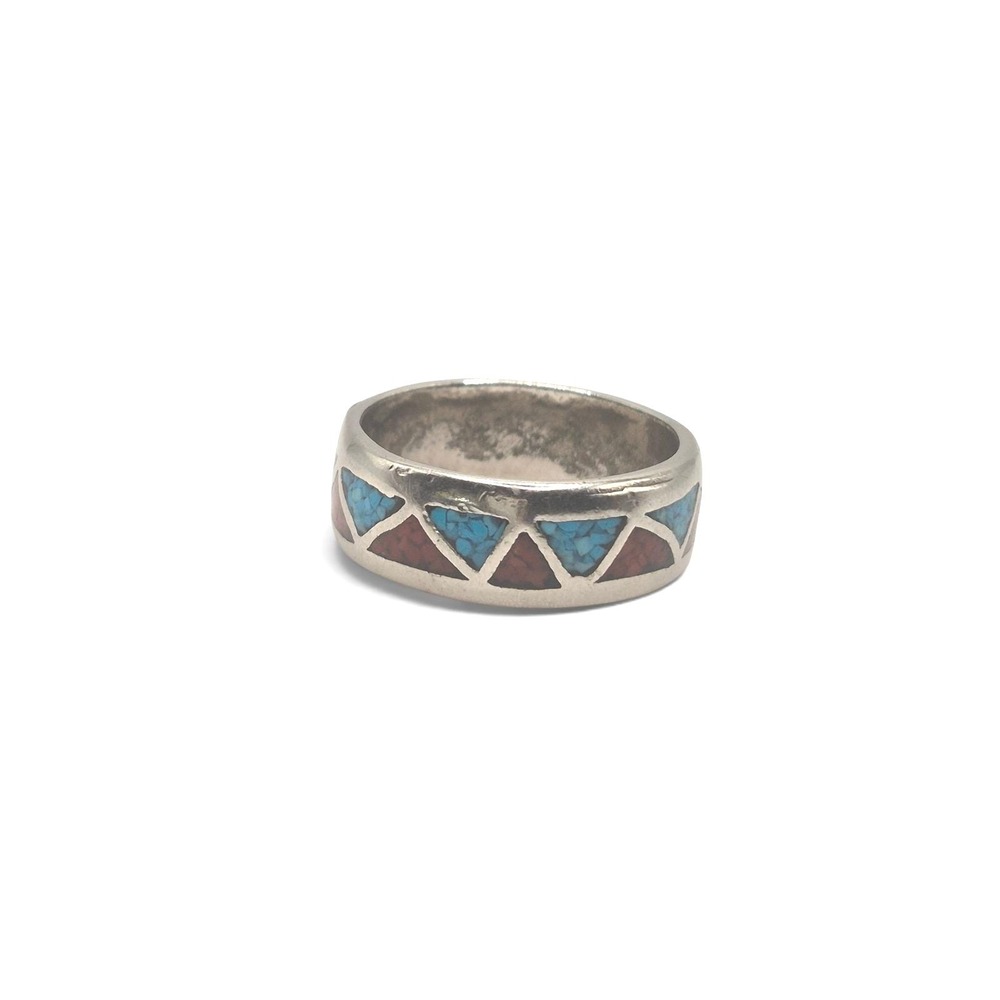 Vintage Southwestern Sterling Silver Ring, Turquoise & Coral Inlay, Size 7.5 - Picture 2 of 3